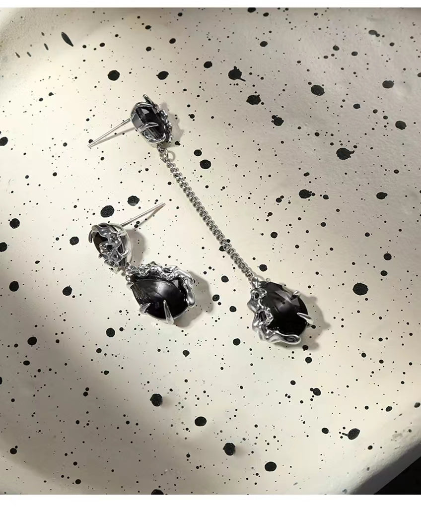 Black Imitation Tourmaline Asymmetrical Earrings Female Metal Lava Small Design New Silver