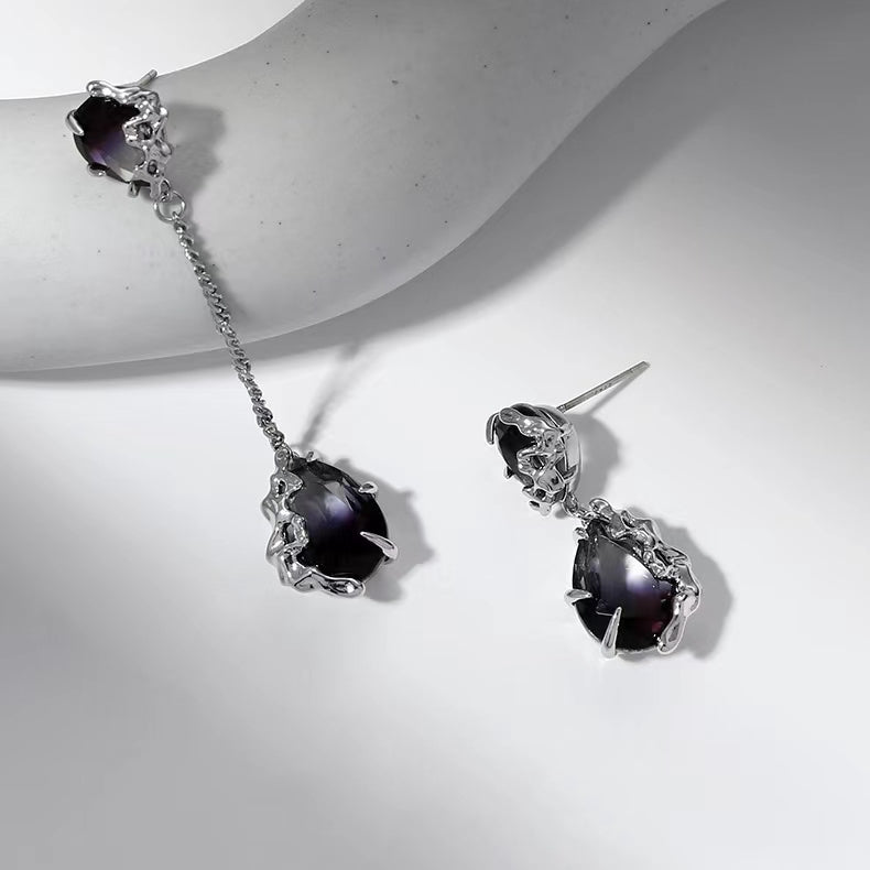 Black Imitation Tourmaline Asymmetrical Earrings Female Metal Lava Small Design New Silver