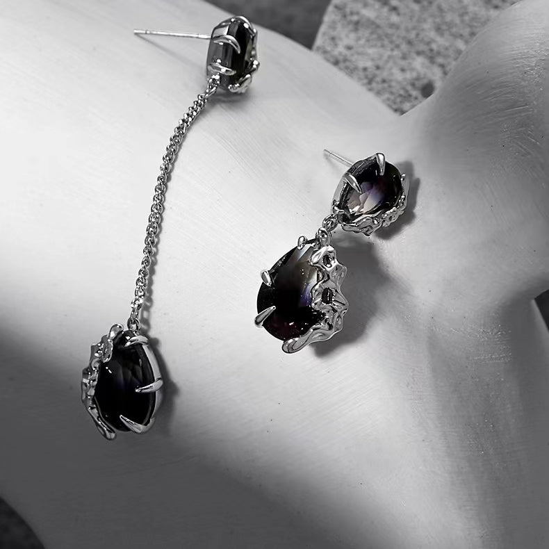 Black Imitation Tourmaline Asymmetrical Earrings Female Metal Lava Small Design New Silver