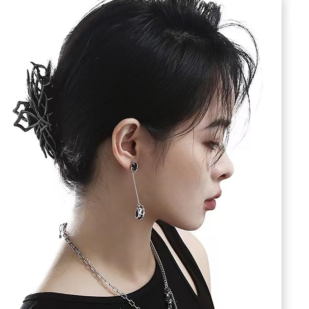 Black Imitation Tourmaline Asymmetrical Earrings Female Metal Lava Small Design New Silver