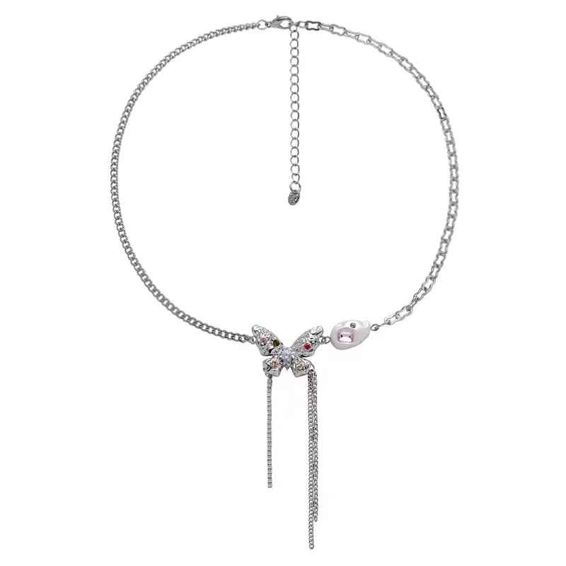Small design colorful diamond butterfly titanium steel necklace female luxury high fashion