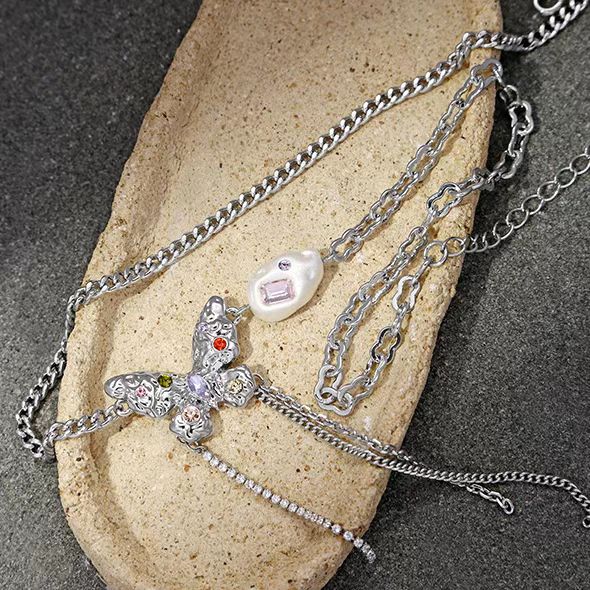 Small design colorful diamond butterfly titanium steel necklace female luxury high fashion