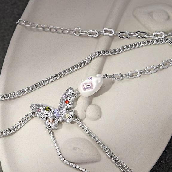 Small design colorful diamond butterfly titanium steel necklace female luxury high fashion
