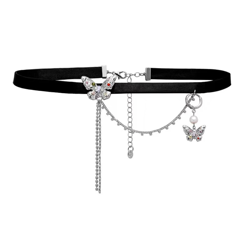 Small design colorful diamond butterfly titanium steel necklace female luxury high fashion