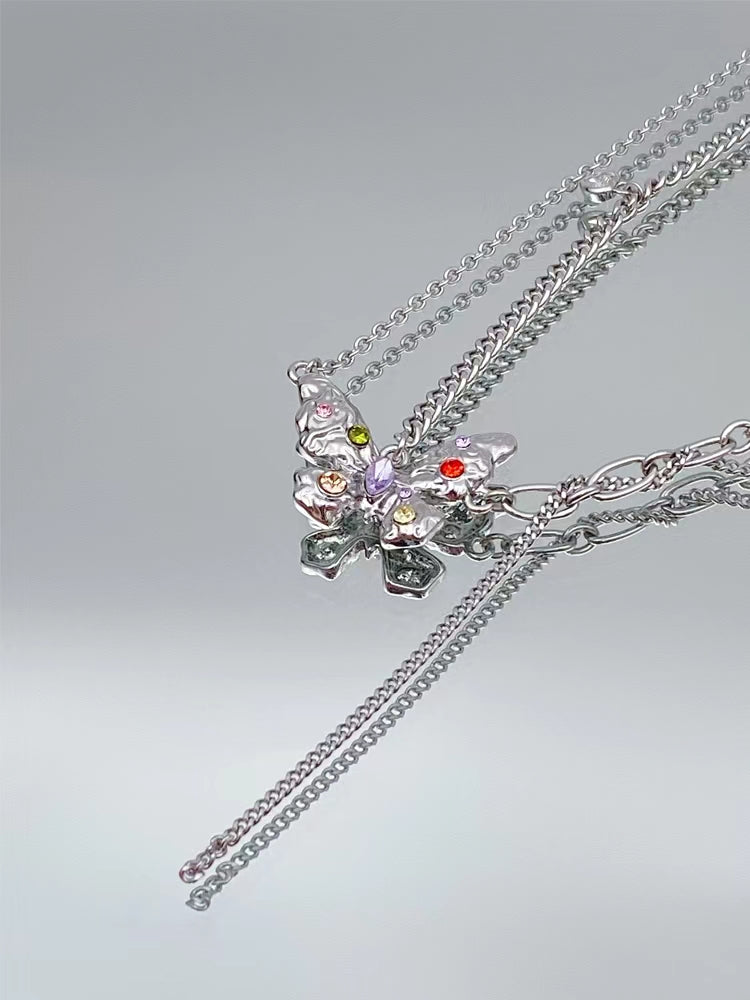 Small design colorful diamond butterfly titanium steel necklace female luxury high fashion