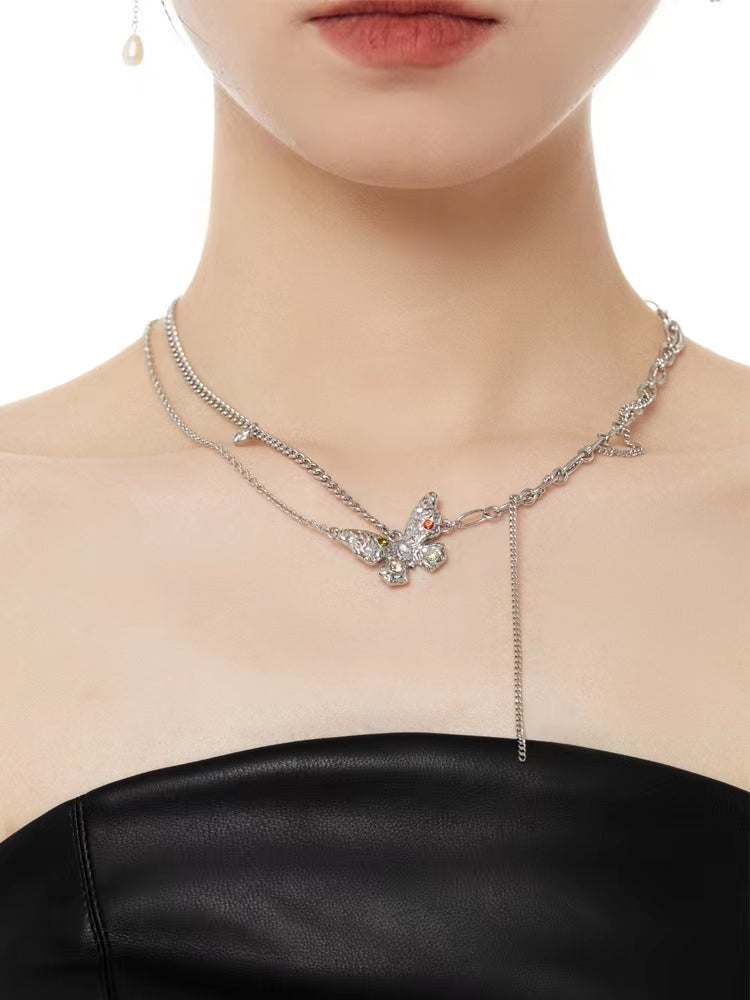 Small design colorful diamond butterfly titanium steel necklace female luxury high fashion