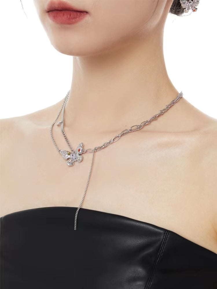 Small design colorful diamond butterfly titanium steel necklace female luxury high fashion