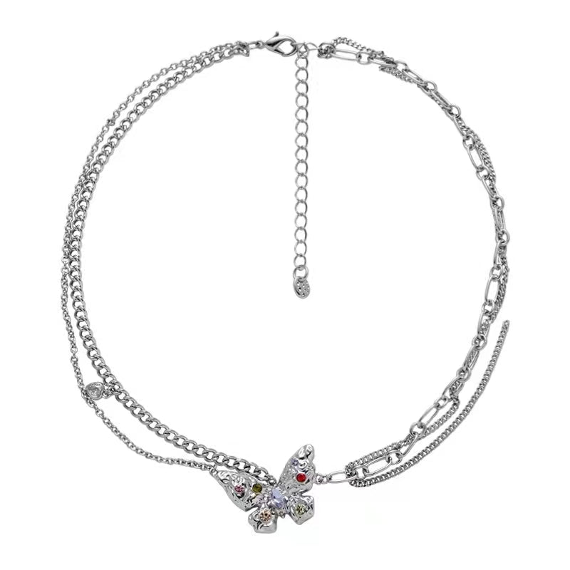 Small design colorful diamond butterfly titanium steel necklace female luxury high fashion