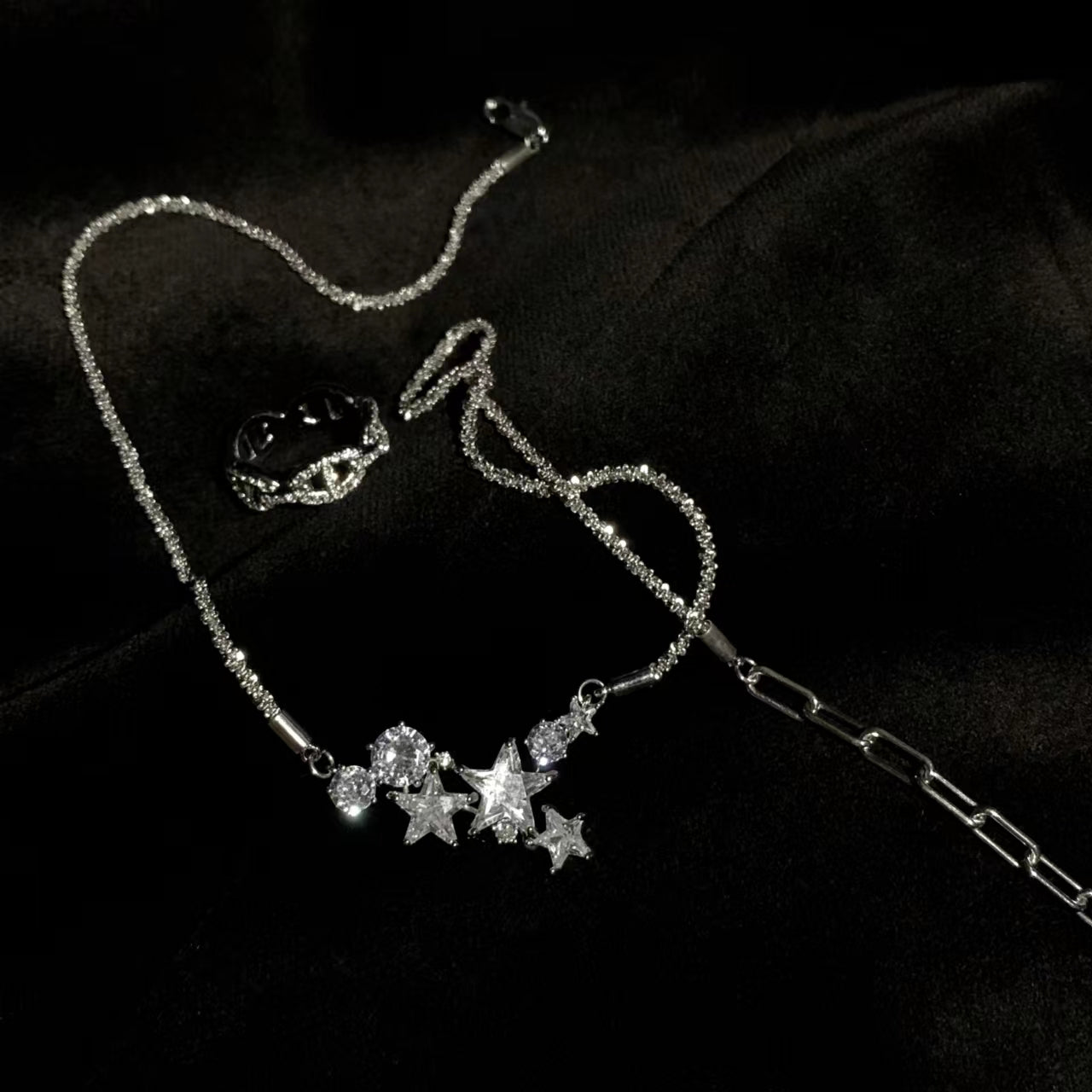 Species Shining Five pointed Star Versatility Back hanging Zircon Earrings Open Ring Collar Necklace