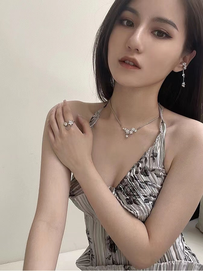 Species Shining Five pointed Star Versatility Back hanging Zircon Earrings Open Ring Collar Necklace