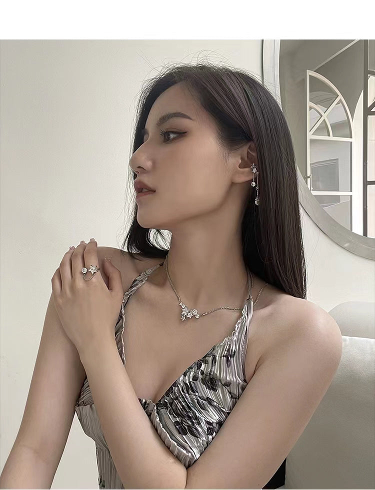 Species Shining Five pointed Star Versatility Back hanging Zircon Earrings Open Ring Collar Necklace