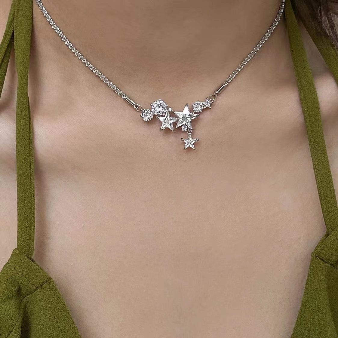 Species Shining Five pointed Star Versatility Back hanging Zircon Earrings Open Ring Collar Necklace