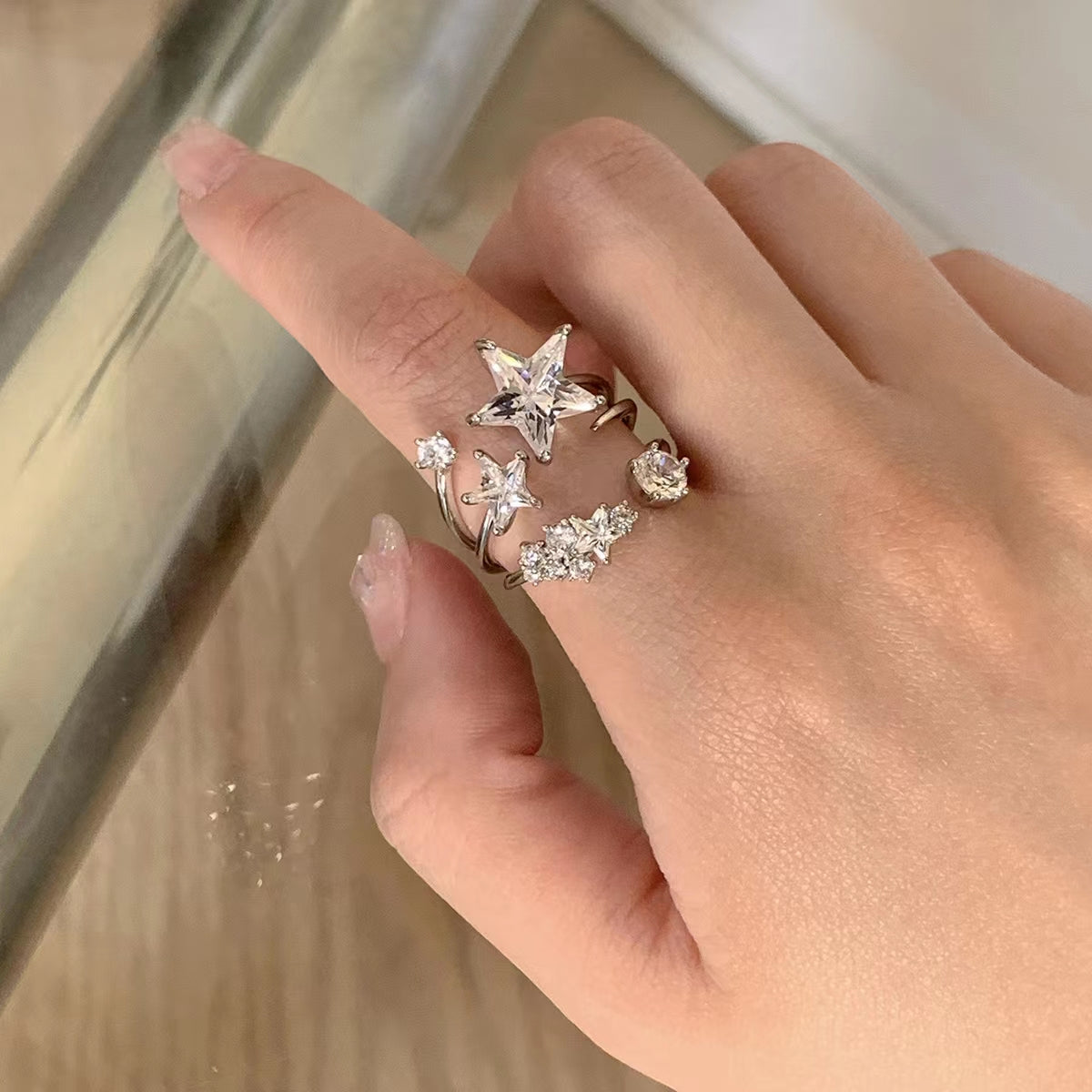 Species Shining Five pointed Star Versatility Back hanging Zircon Earrings Open Ring Collar Necklace