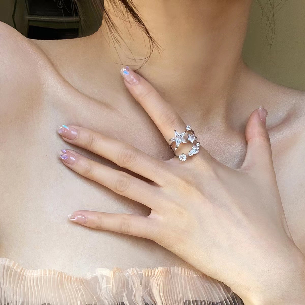 Species Shining Five pointed Star Versatility Back hanging Zircon Earrings Open Ring Collar Necklace