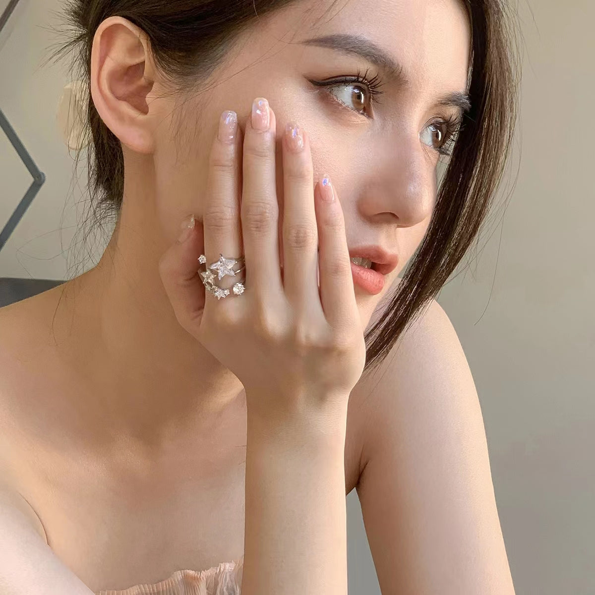 Species Shining Five pointed Star Versatility Back hanging Zircon Earrings Open Ring Collar Necklace