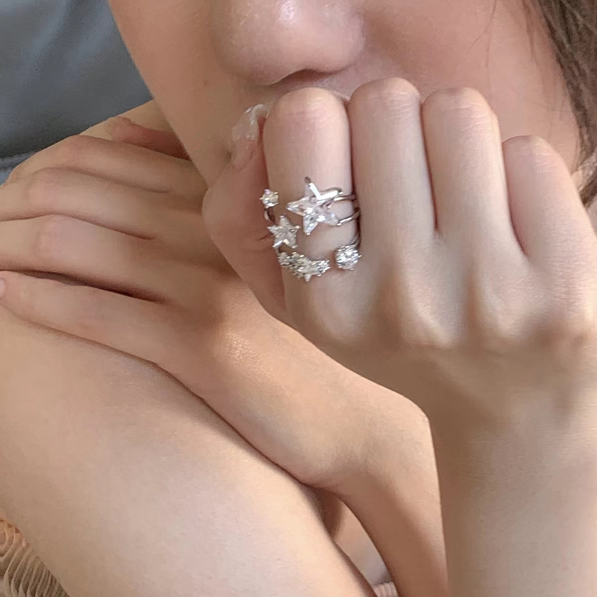 Species Shining Five pointed Star Versatility Back hanging Zircon Earrings Open Ring Collar Necklace