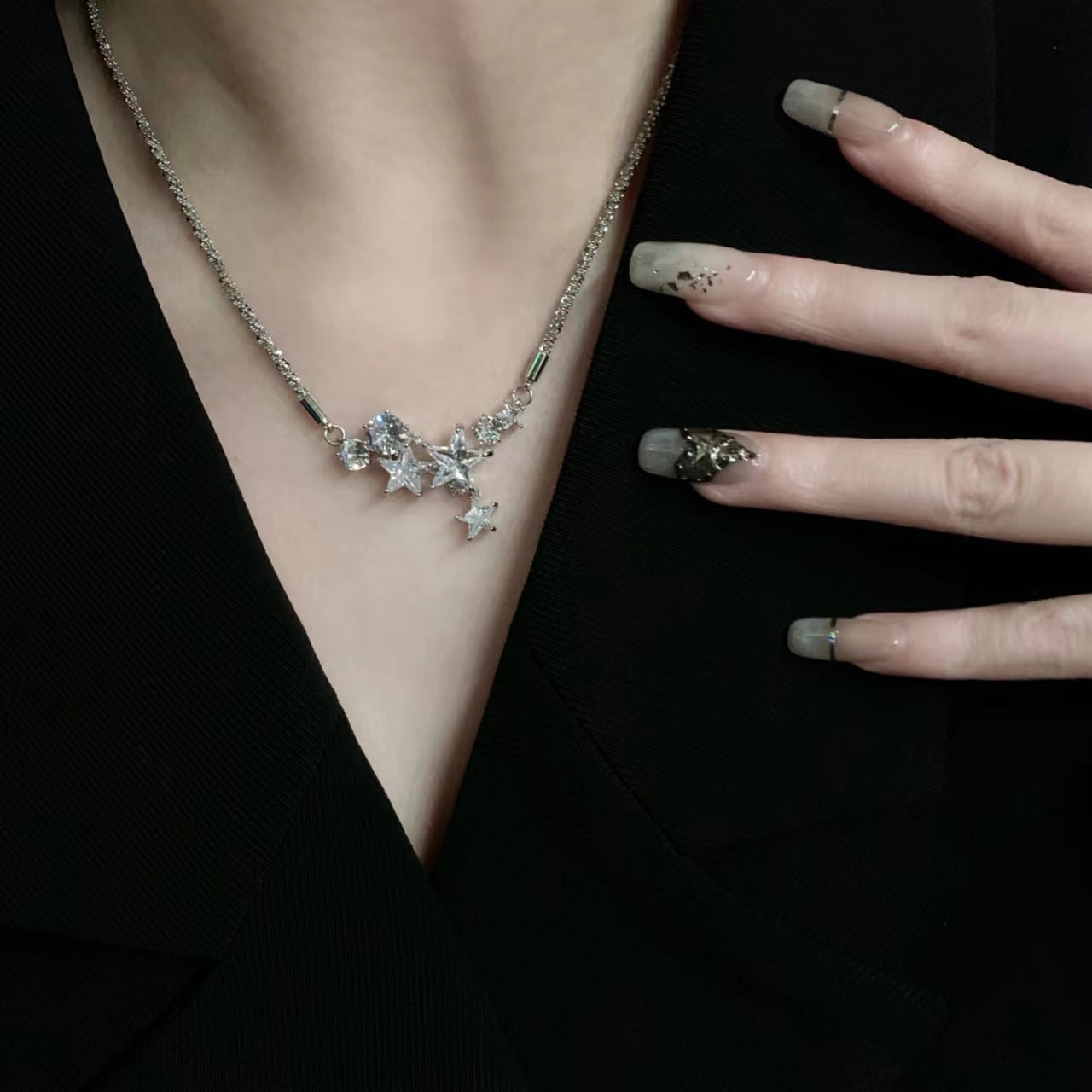 Species Shining Five pointed Star Versatility Back hanging Zircon Earrings Open Ring Collar Necklace