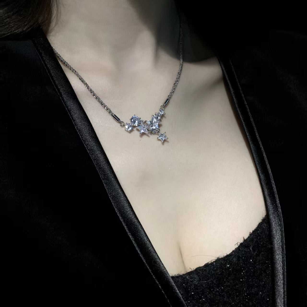 Species Shining Five pointed Star Versatility Back hanging Zircon Earrings Open Ring Collar Necklace