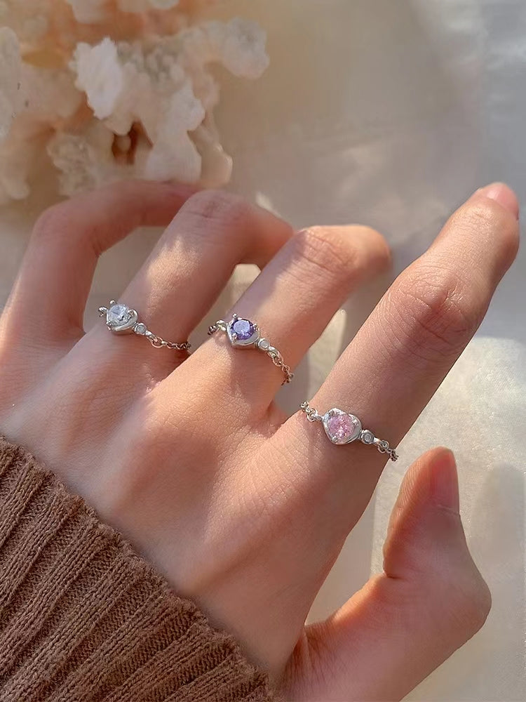 S925 Sterling Silver Heart Diamond Pulling Ring Girl's High quality Delicate Sweet