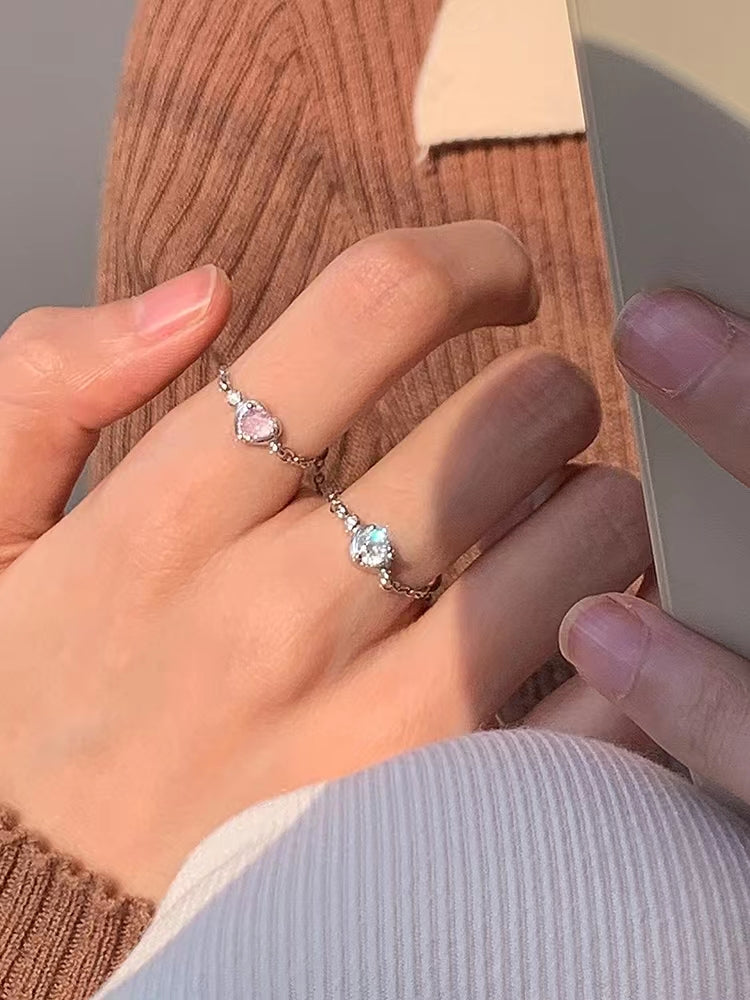 S925 Sterling Silver Heart Diamond Pulling Ring Girl's High quality Delicate Sweet