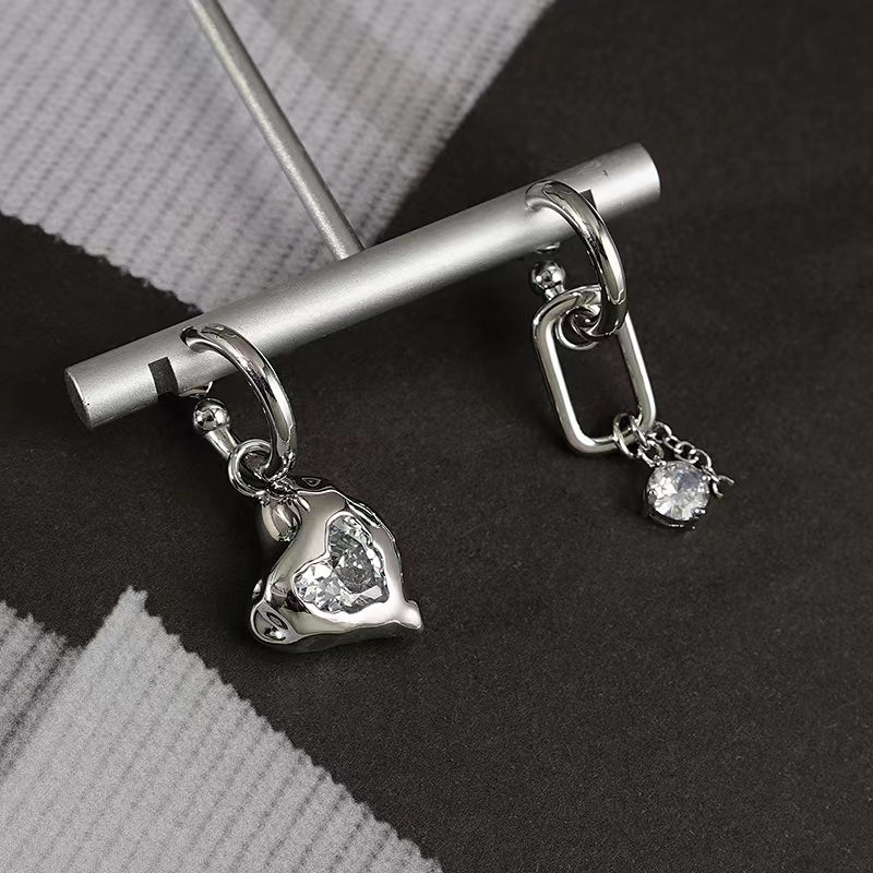 Loving Earrings Women ins Cool Style Premium Silver Zircon Earrings Personalized Design Asymmetrical Earrings