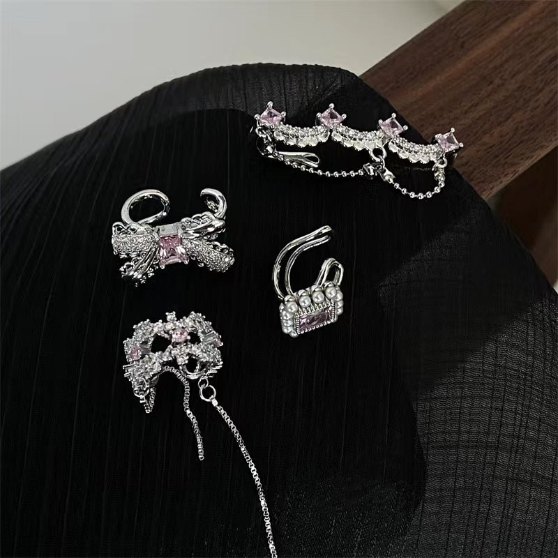 Slightly inlaid pink zircon ear clip girly pearl tassel ear clip design sense ear stud earloop earrings
