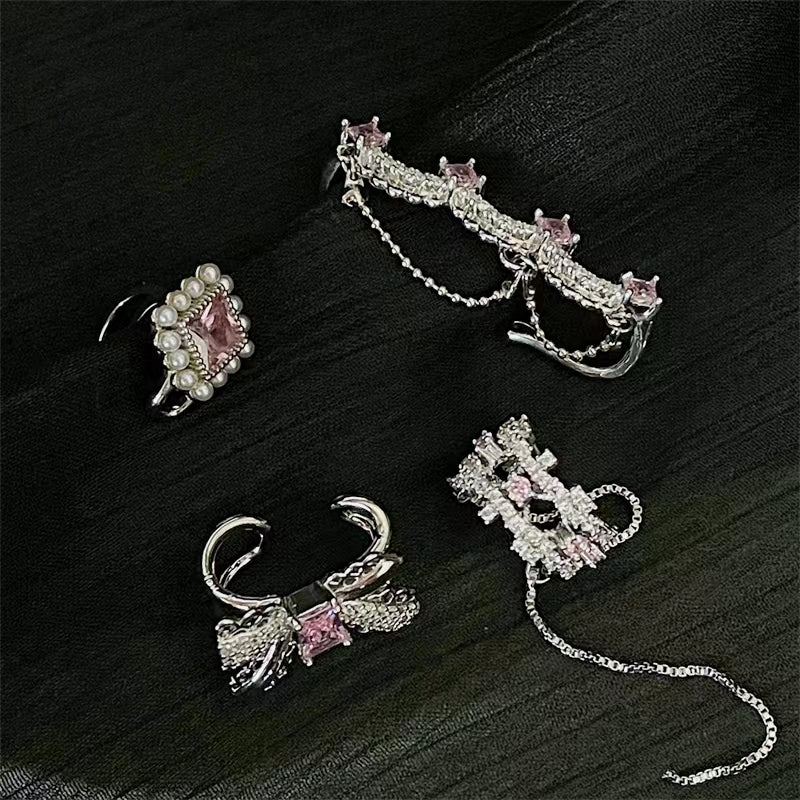 Slightly inlaid pink zircon ear clip girly pearl tassel ear clip design sense ear stud earloop earrings