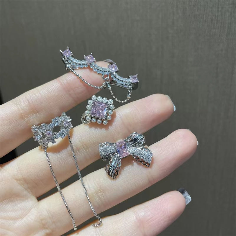 Slightly inlaid pink zircon ear clip girly pearl tassel ear clip design sense ear stud earloop earrings