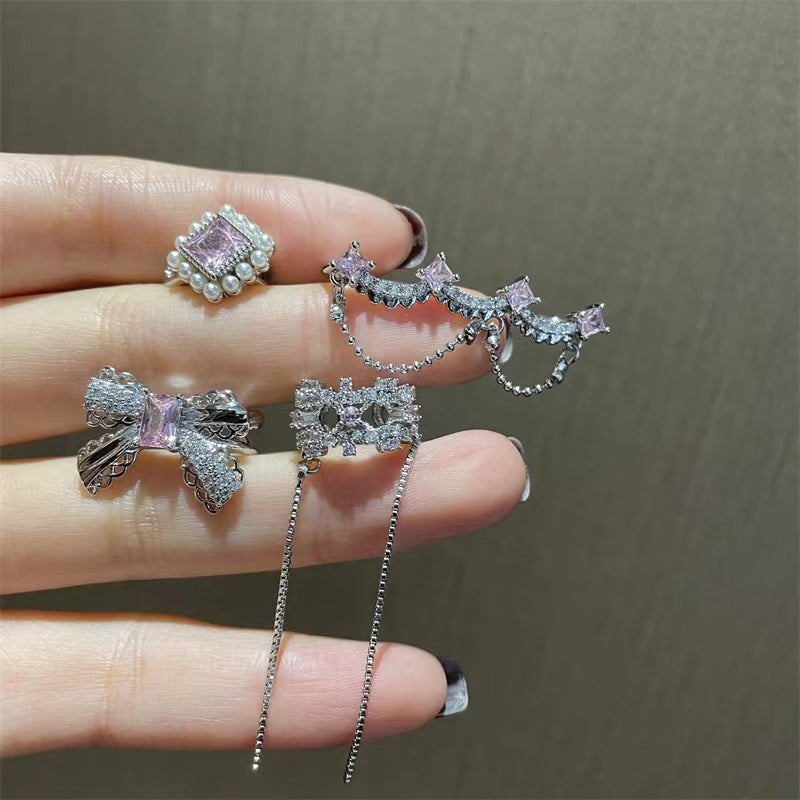 Slightly inlaid pink zircon ear clip girly pearl tassel ear clip design sense ear stud earloop earrings