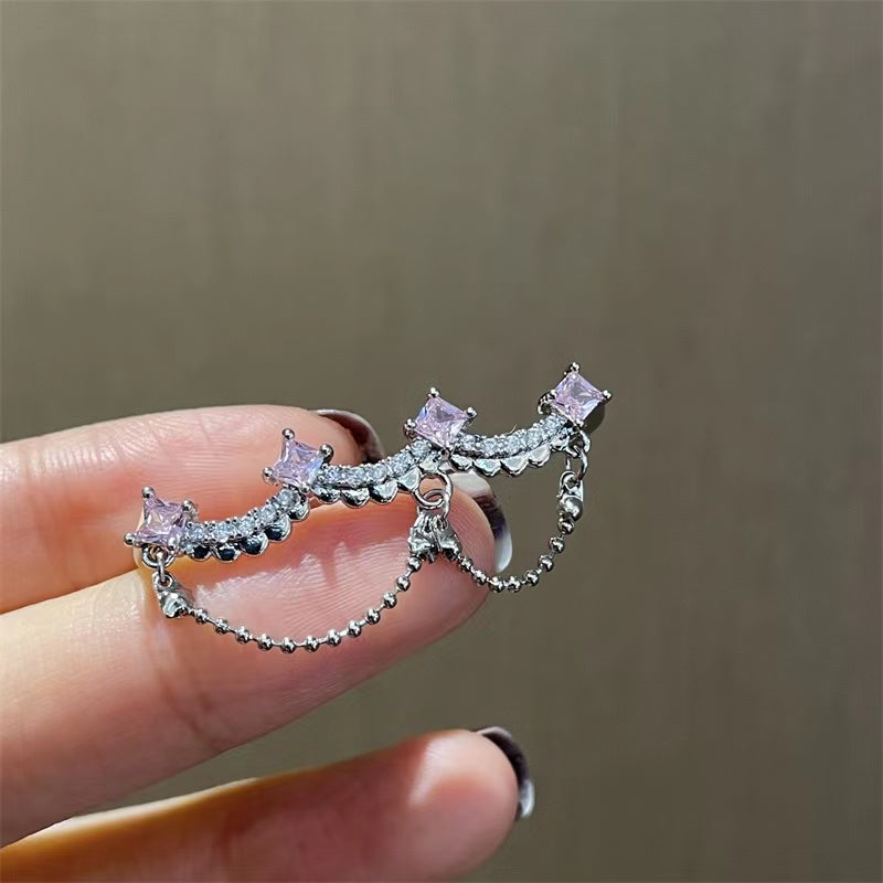 Slightly inlaid pink zircon ear clip girly pearl tassel ear clip design sense ear stud earloop earrings
