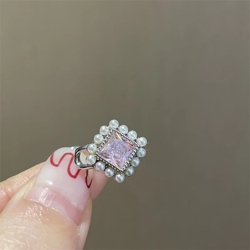 Slightly inlaid pink zircon ear clip girly pearl tassel ear clip design sense ear stud earloop earrings