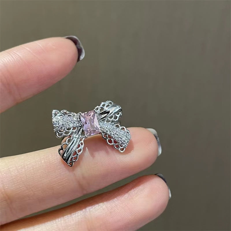 Slightly inlaid pink zircon ear clip girly pearl tassel ear clip design sense ear stud earloop earrings