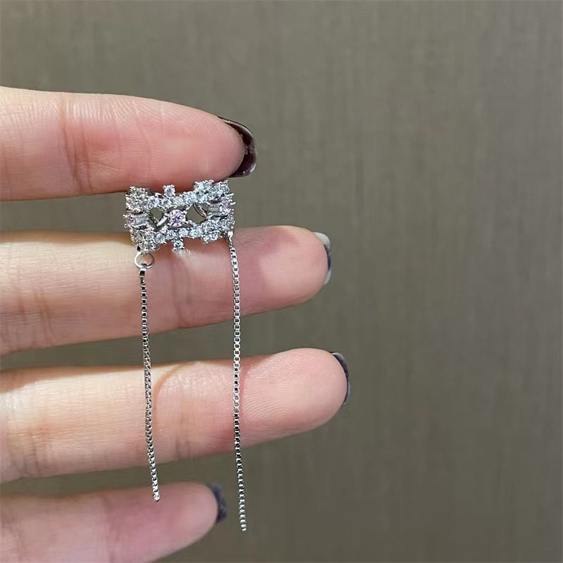 Slightly inlaid pink zircon ear clip girly pearl tassel ear clip design sense ear stud earloop earrings