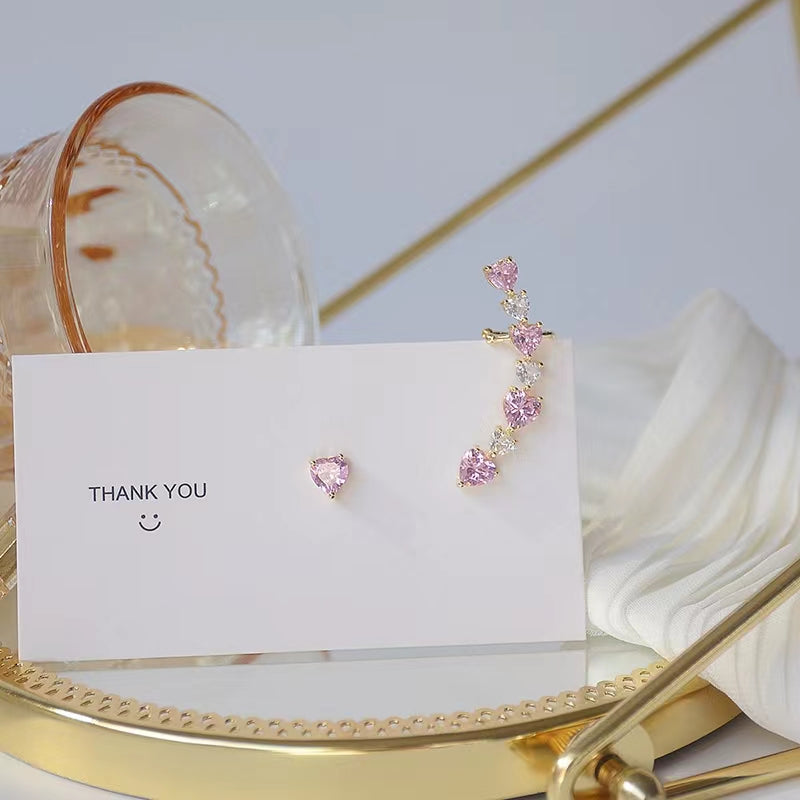 Asymmetrical Peach Pink Love Zircon Flash Drill Earbone Clip One piece Earnail Sweet Beauty Earrings