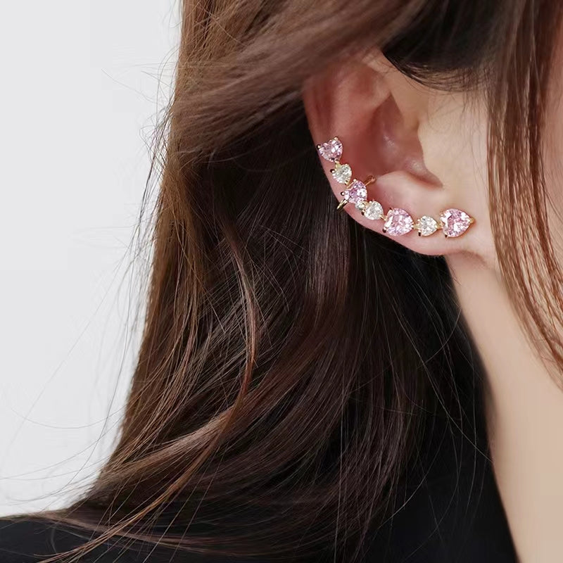 Asymmetrical Peach Pink Love Zircon Flash Drill Earbone Clip One piece Earnail Sweet Beauty Earrings
