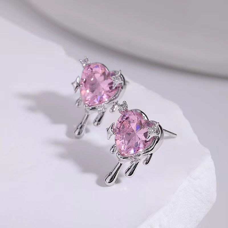 New Earrings Sweet and Cool Love Pink Zircon Earrings Popular Design Premium Cold Air Lava Earrings