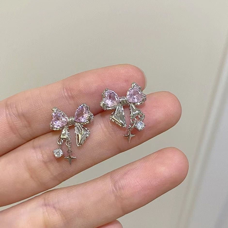 diamond inlaid bow earrings "star shaped small crowd design fashionable zircon