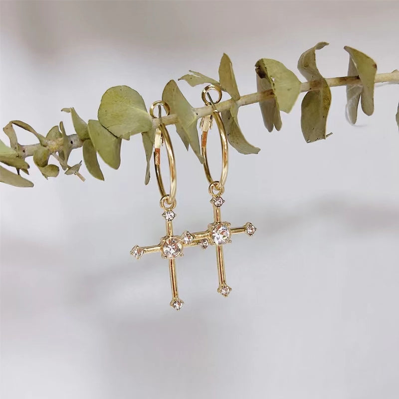 Gothic Diamante Cross Charm Hoop Earrings for Women Fashion