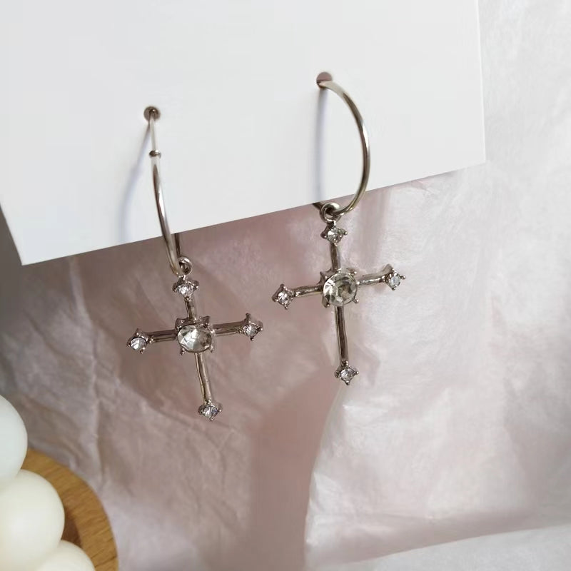 Gothic Diamante Cross Charm Hoop Earrings for Women Fashion