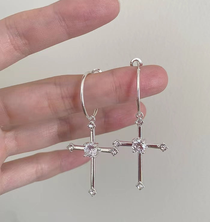 Gothic Diamante Cross Charm Hoop Earrings for Women Fashion