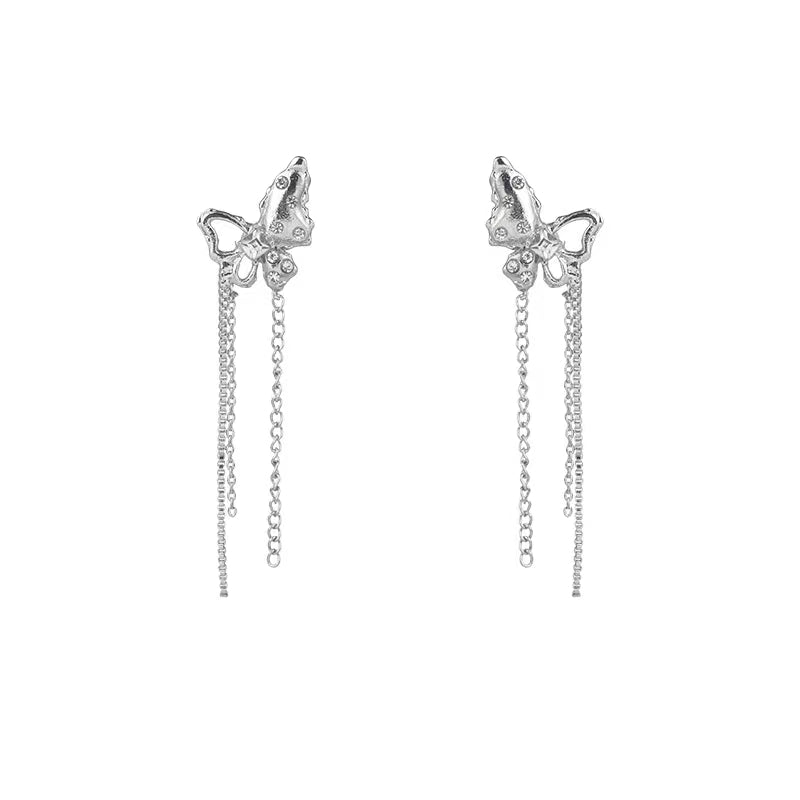 Sweet and cool metal butterfly tassel earrings, women's new style