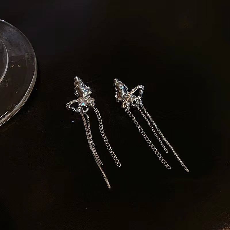 Sweet and cool metal butterfly tassel earrings, women's new style