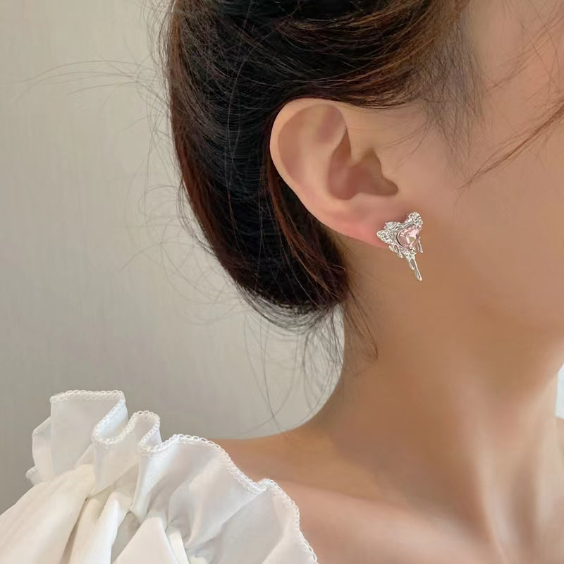 Self designed S925 Silver Needle Japanese and Korean Pink Heart Earrings