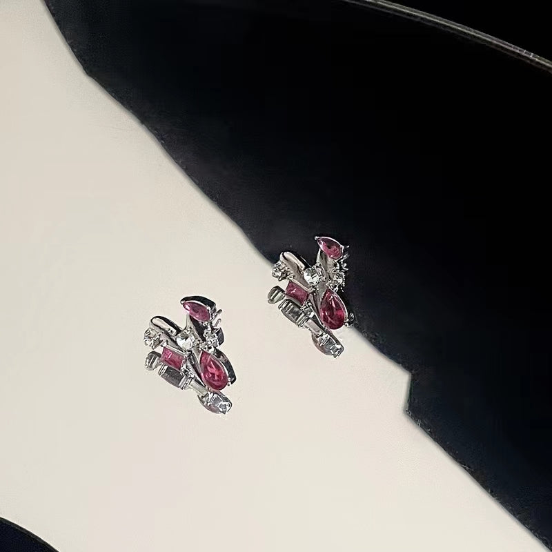 S925 Silver Needle Personality Metallic Love Earrings Red Diamond Earrings
