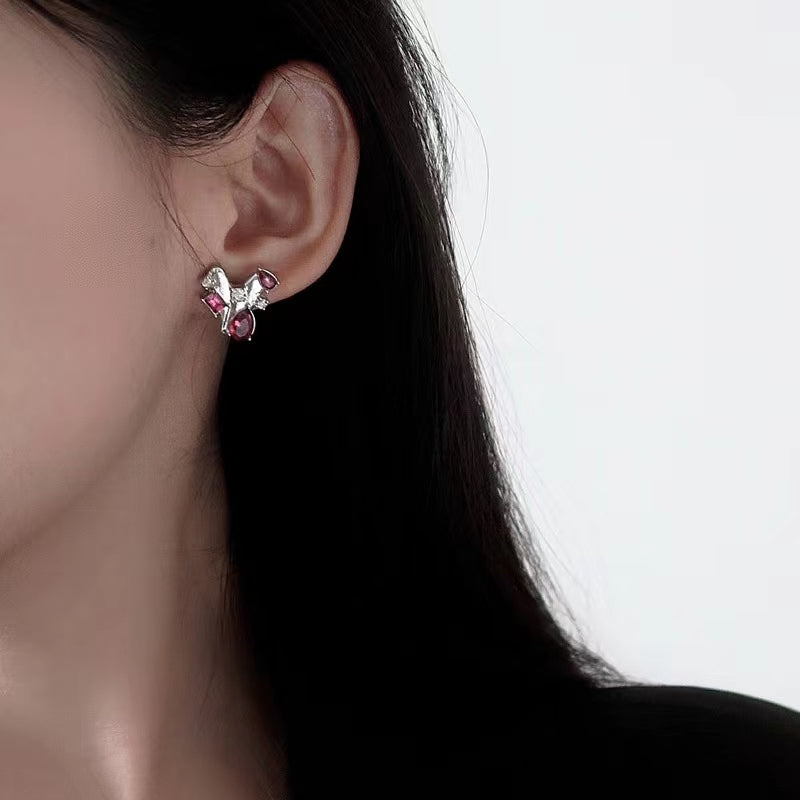 S925 Silver Needle Personality Metallic Love Earrings Red Diamond Earrings