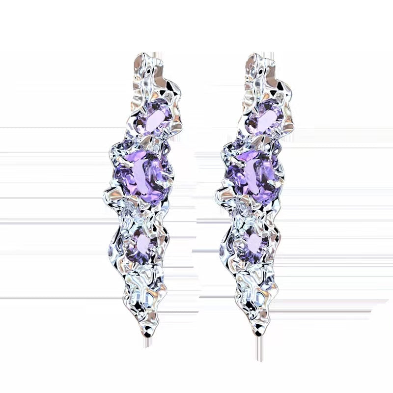 2022 New Time Poet's Liquid Asymmetrical Earrings Decorated with Sterling Silver Purple Zircon Crystal Popular Design Trend