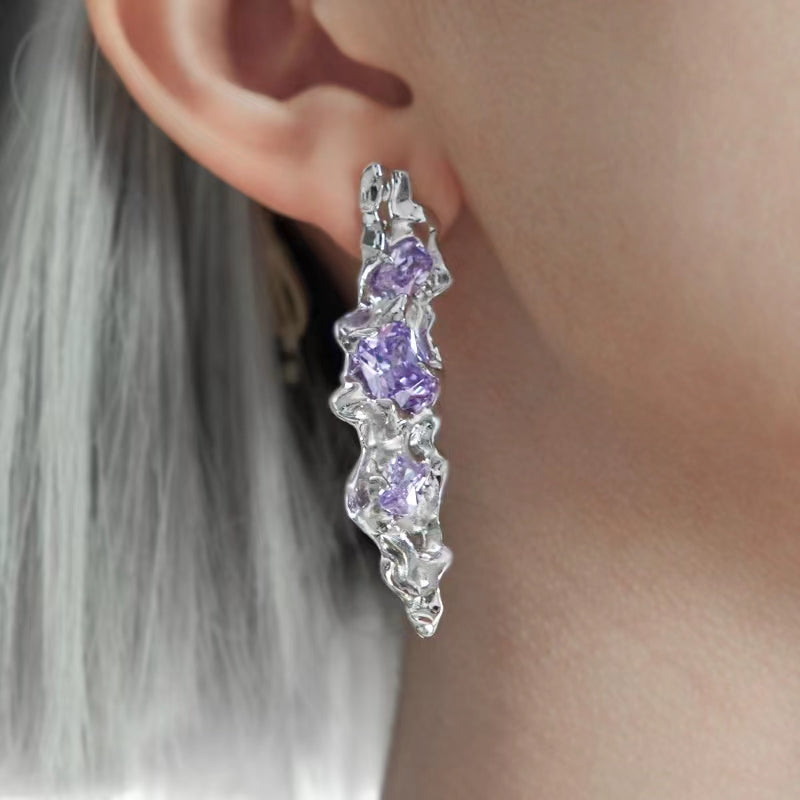 2022 New Time Poet's Liquid Asymmetrical Earrings Decorated with Sterling Silver Purple Zircon Crystal Popular Design Trend
