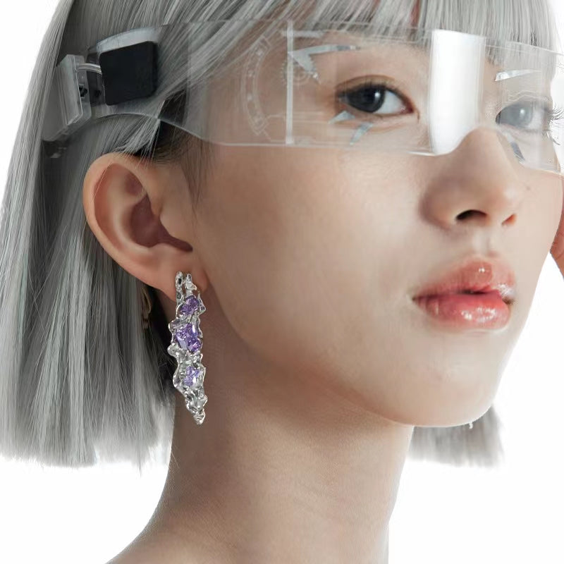 2022 New Time Poet's Liquid Asymmetrical Earrings Decorated with Sterling Silver Purple Zircon Crystal Popular Design Trend