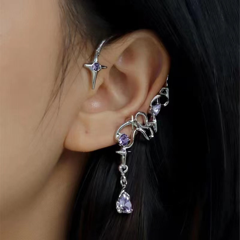 Grape purple crystal ear hook girl twining star design ear bone clip sweet cool