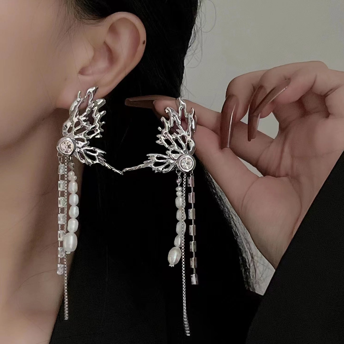 Butterfly Black Diamond Tassel Earrings Female Design Earrings